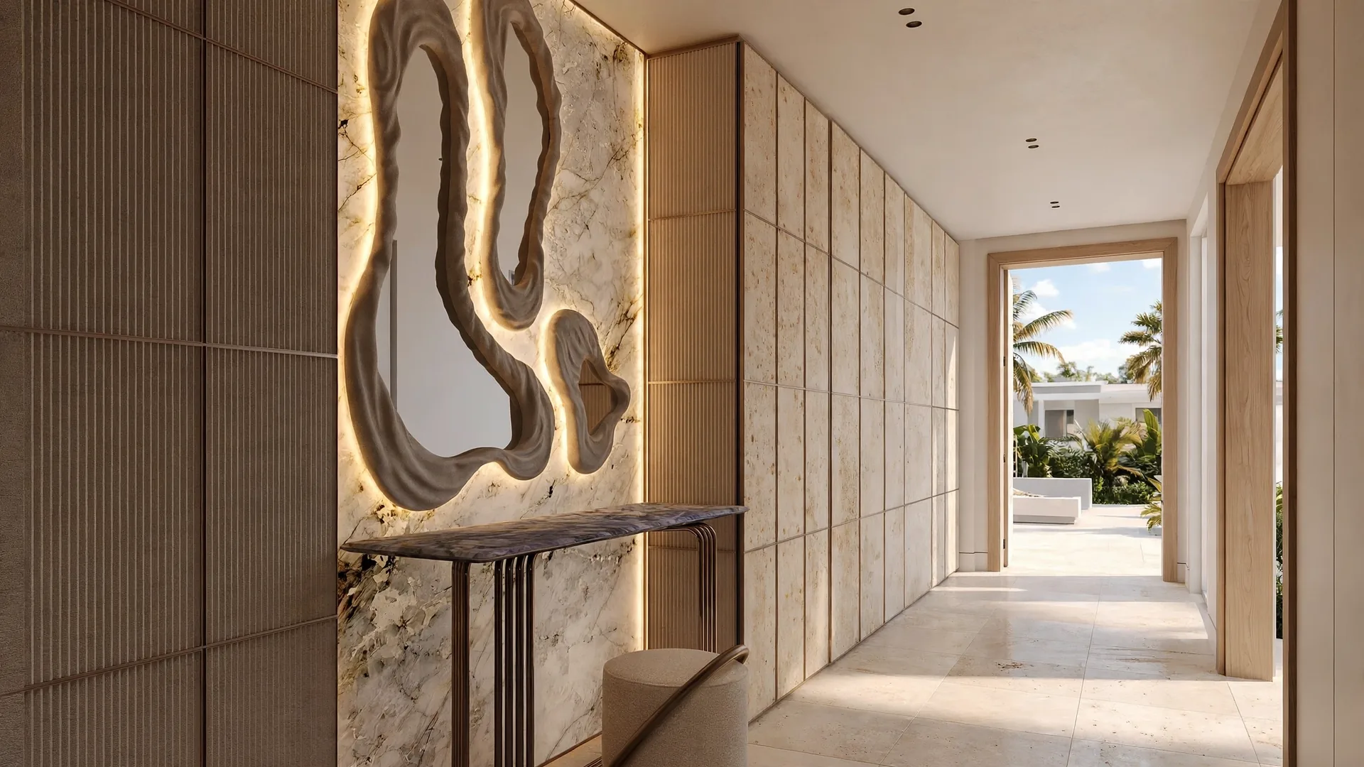 Entryway with a marble-look panel wall, backlit mirrors, a slim console and a travertine-look panel hallway opening to daylight