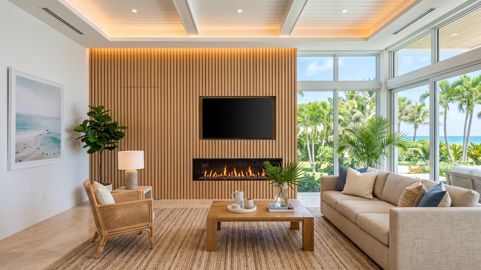 Bright South Florida living room with light oak slat accent wall, linear fireplace, wall-mounted TV, and palm trees outside