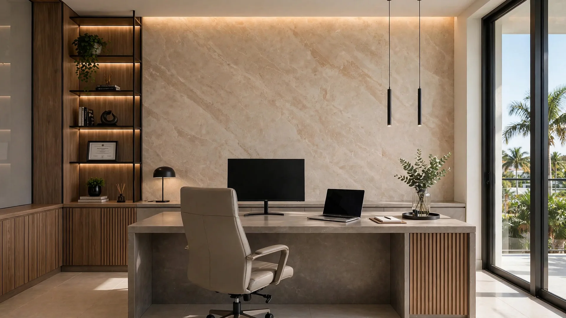Home office with a large-format travertine-look composite panel wall behind a wide desk, walnut veneer shelving, a monitor and laptop, and daylight through glass sliders