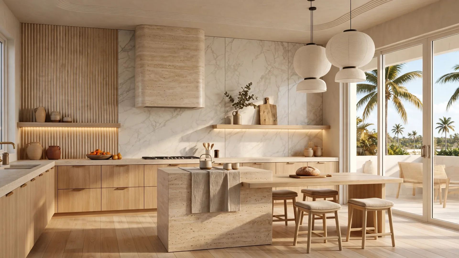 Kitchen with a full-height marble-look panel wall, a travertine-look island face and warm under-cabinet lighting