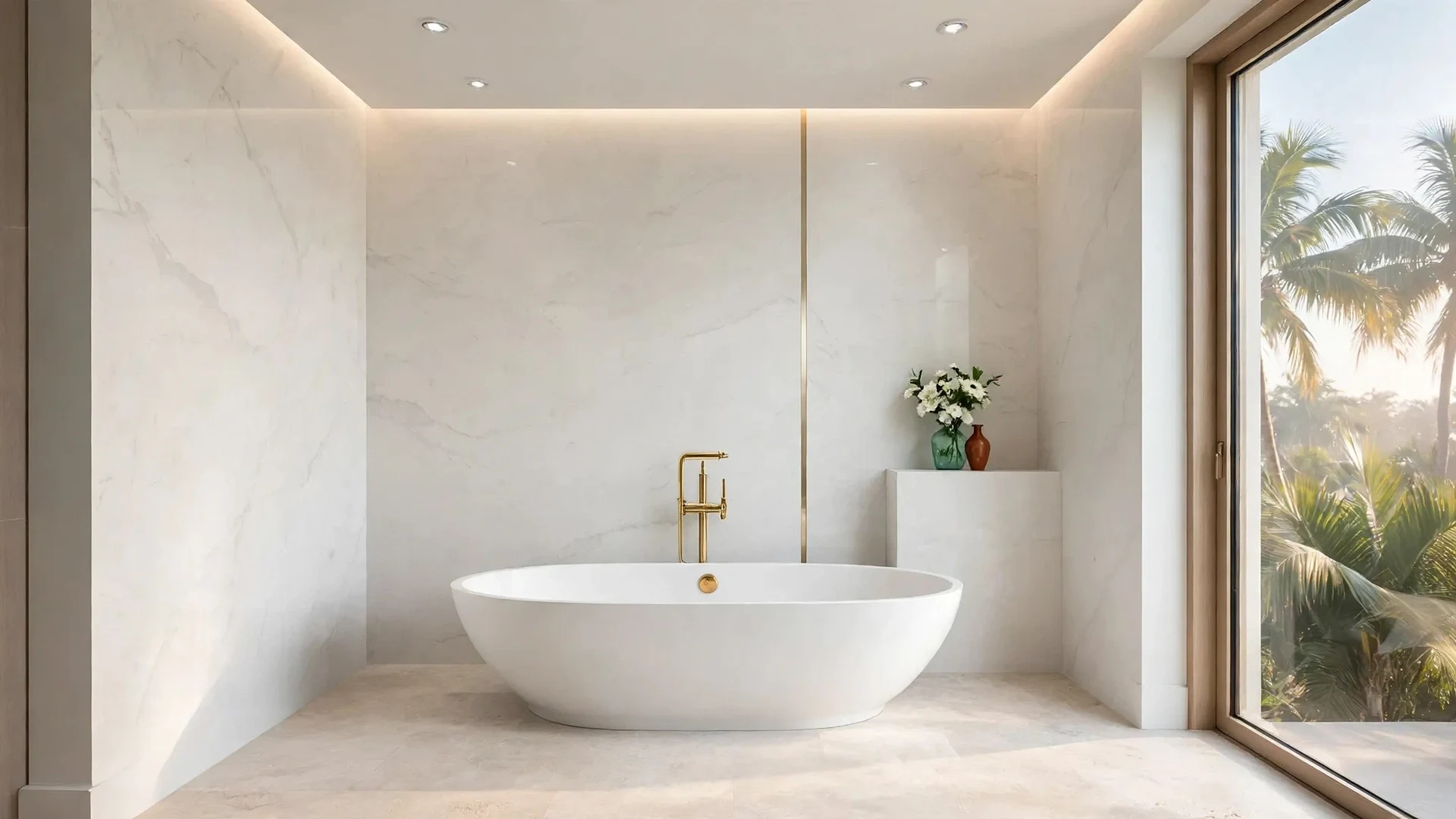 Primary bathroom with a large-format porcelain-look panel wall and soft gray veining behind a freestanding tub
