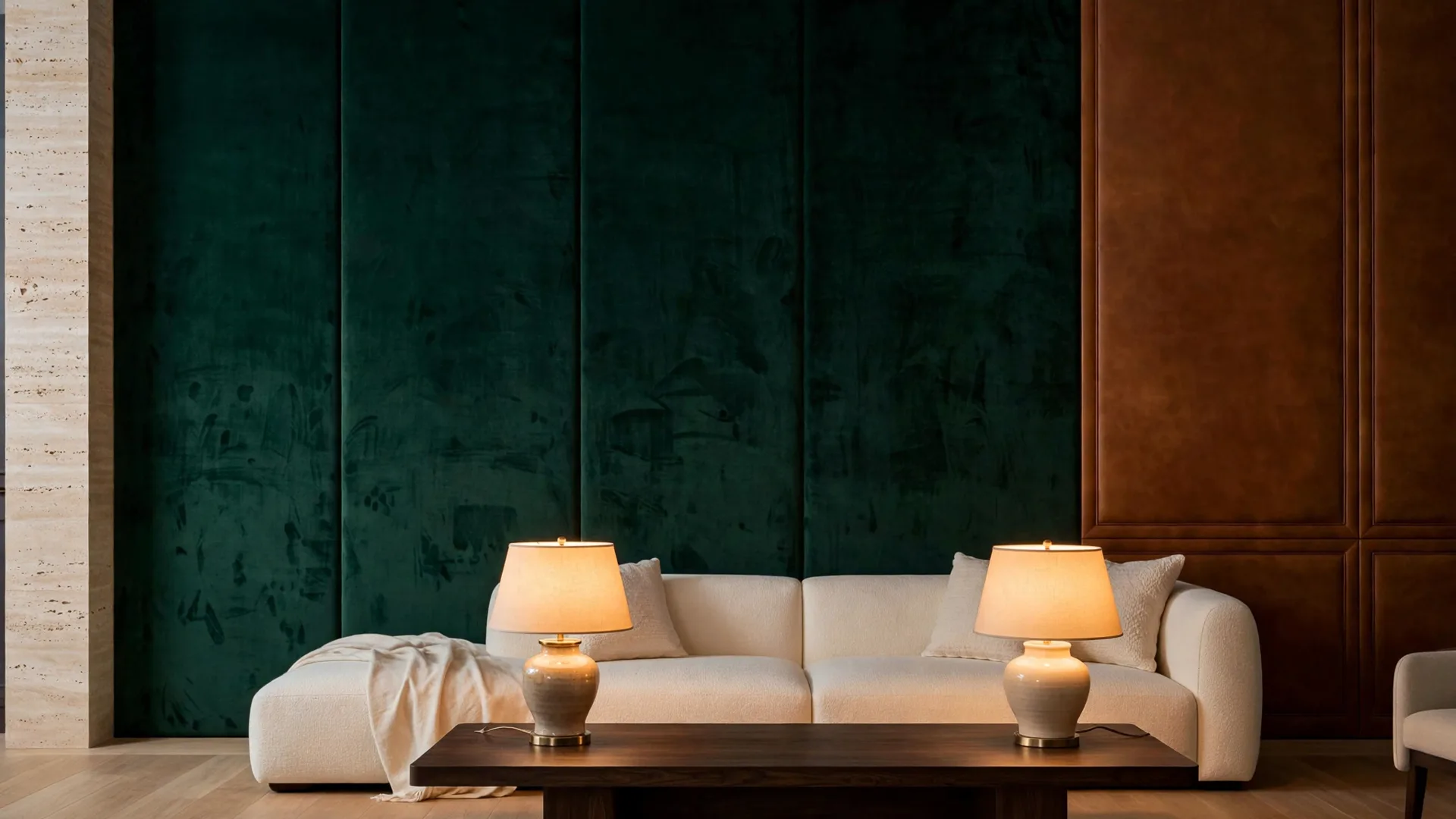 Living room with a deep green velvet panel wall, a cognac leather panel section, a travertine-look side return and a low cream sofa
