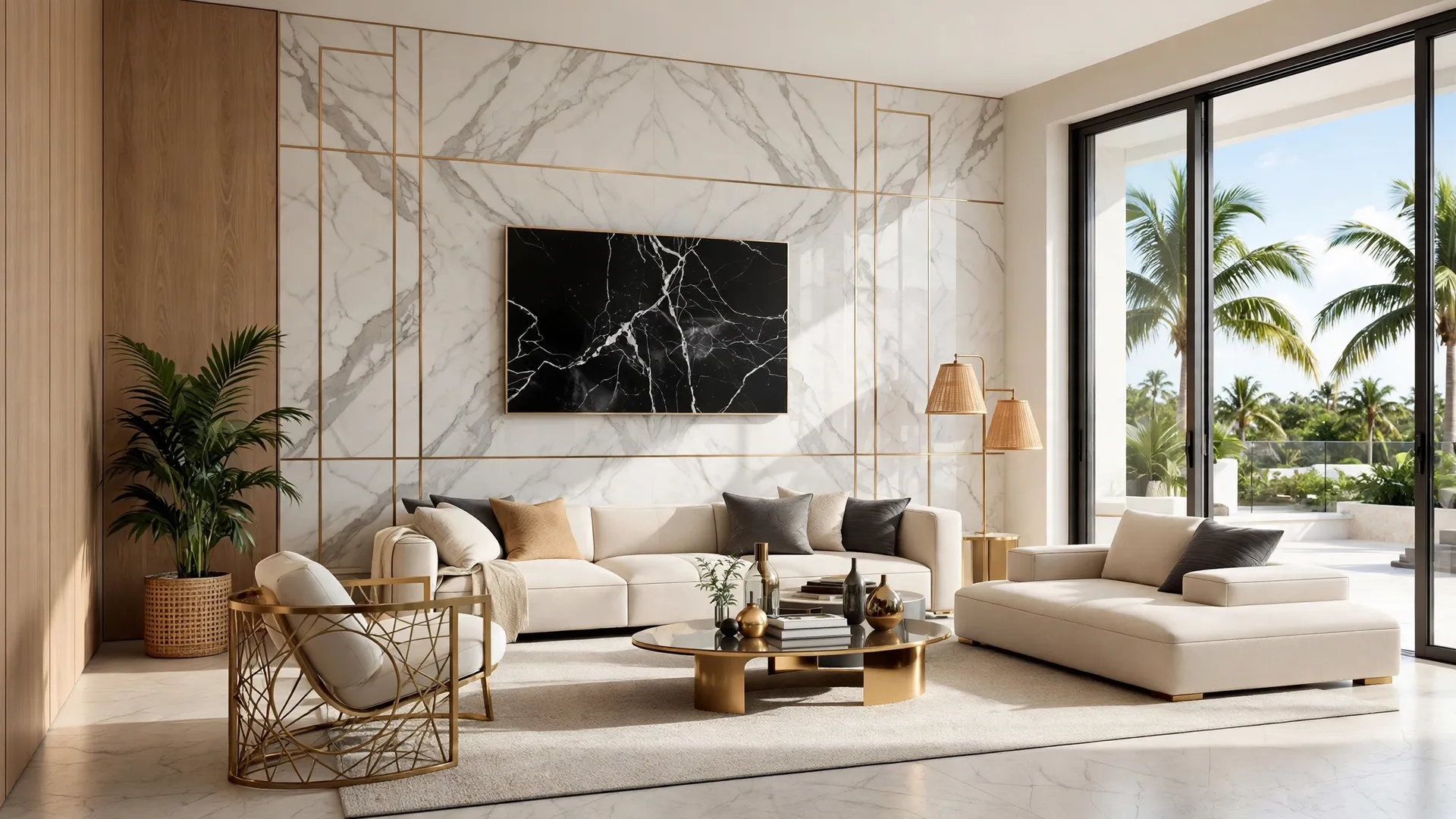 Bright living room with a full-height Calacatta marble-look panel wall, slim metal trim, an oak veneer return and garden sliders