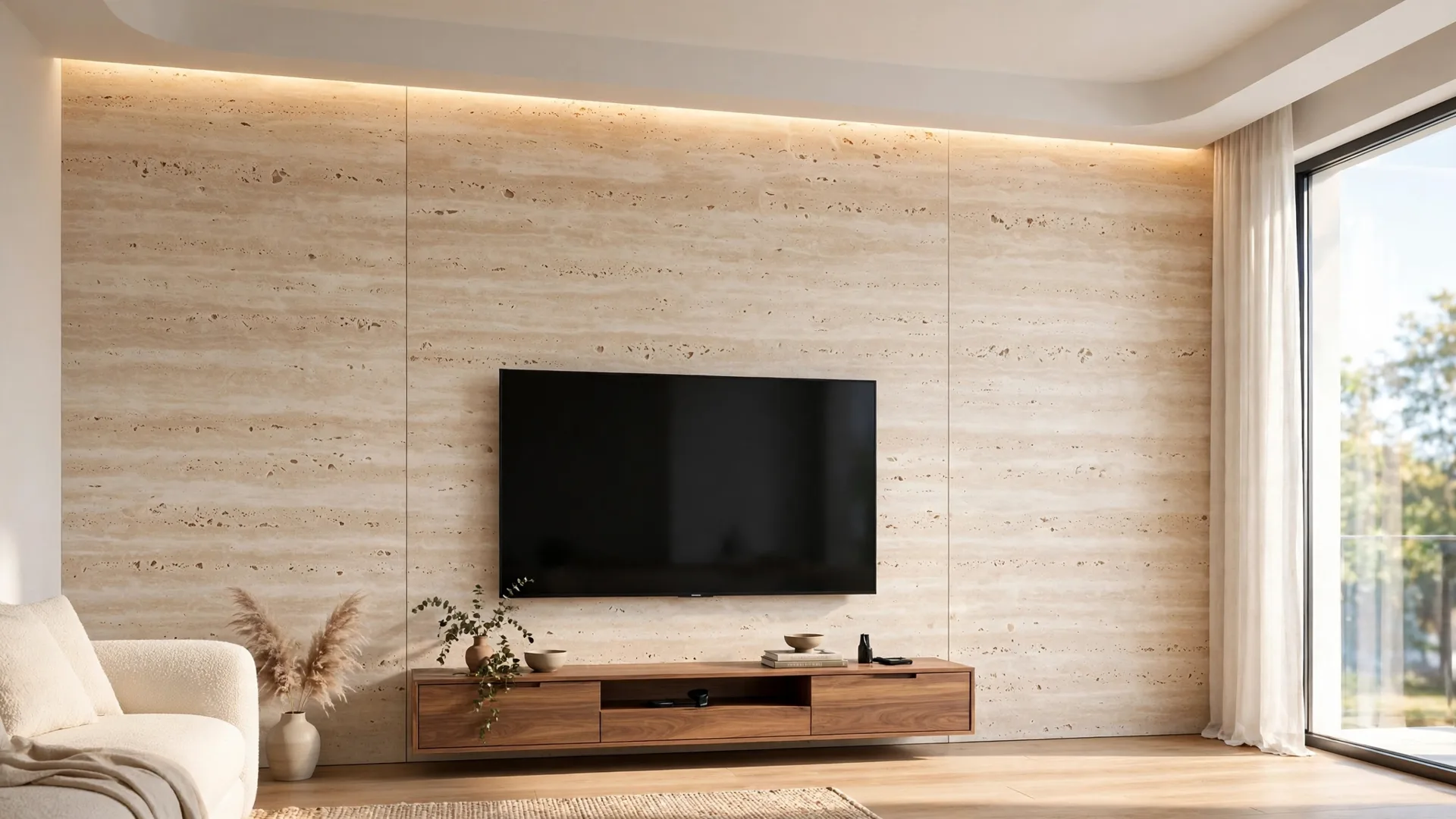 Bright living room with a floor-to-ceiling travertine-look composite panel wall behind the TV