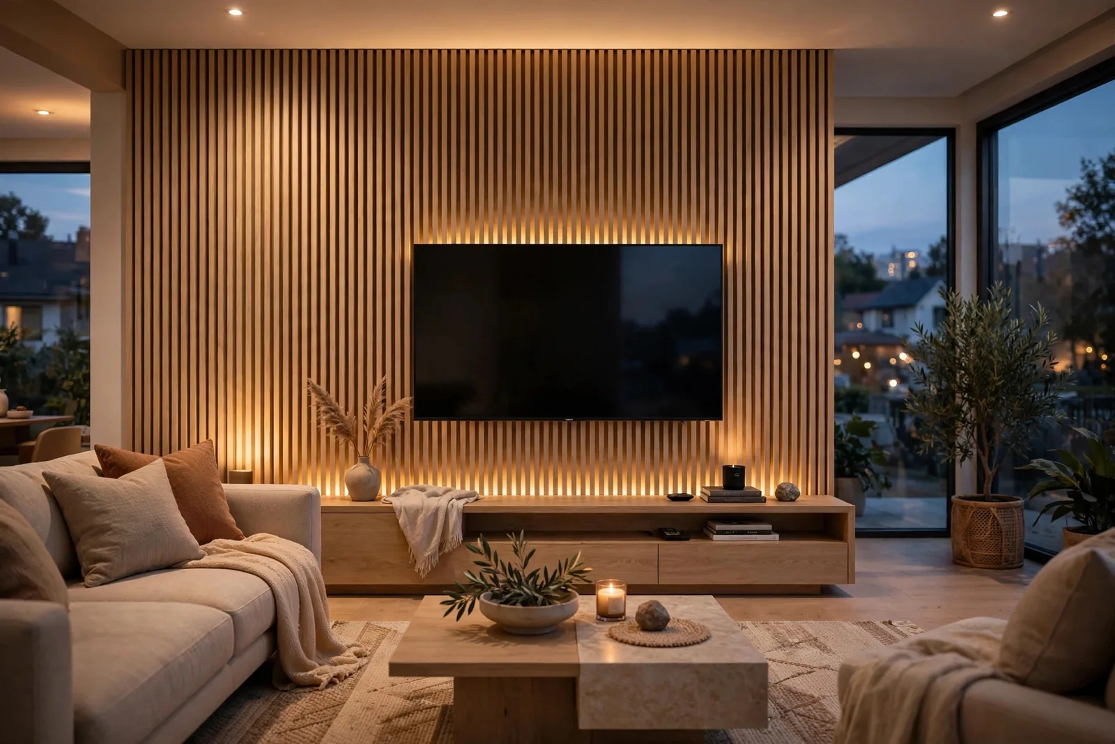TV feature wall with vertical wood slats, floating console, and warm LED backlighting