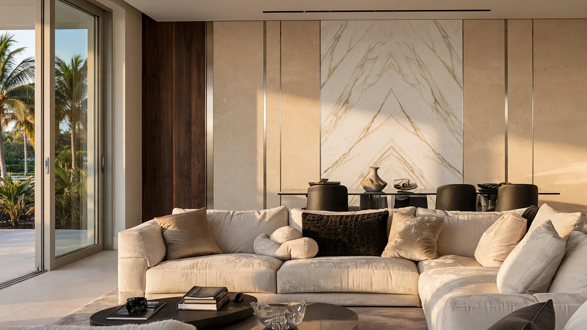 Living room with warm travertine-look panels, a book-matched Calacatta marble-look section with a champagne inlay and a walnut veneer return