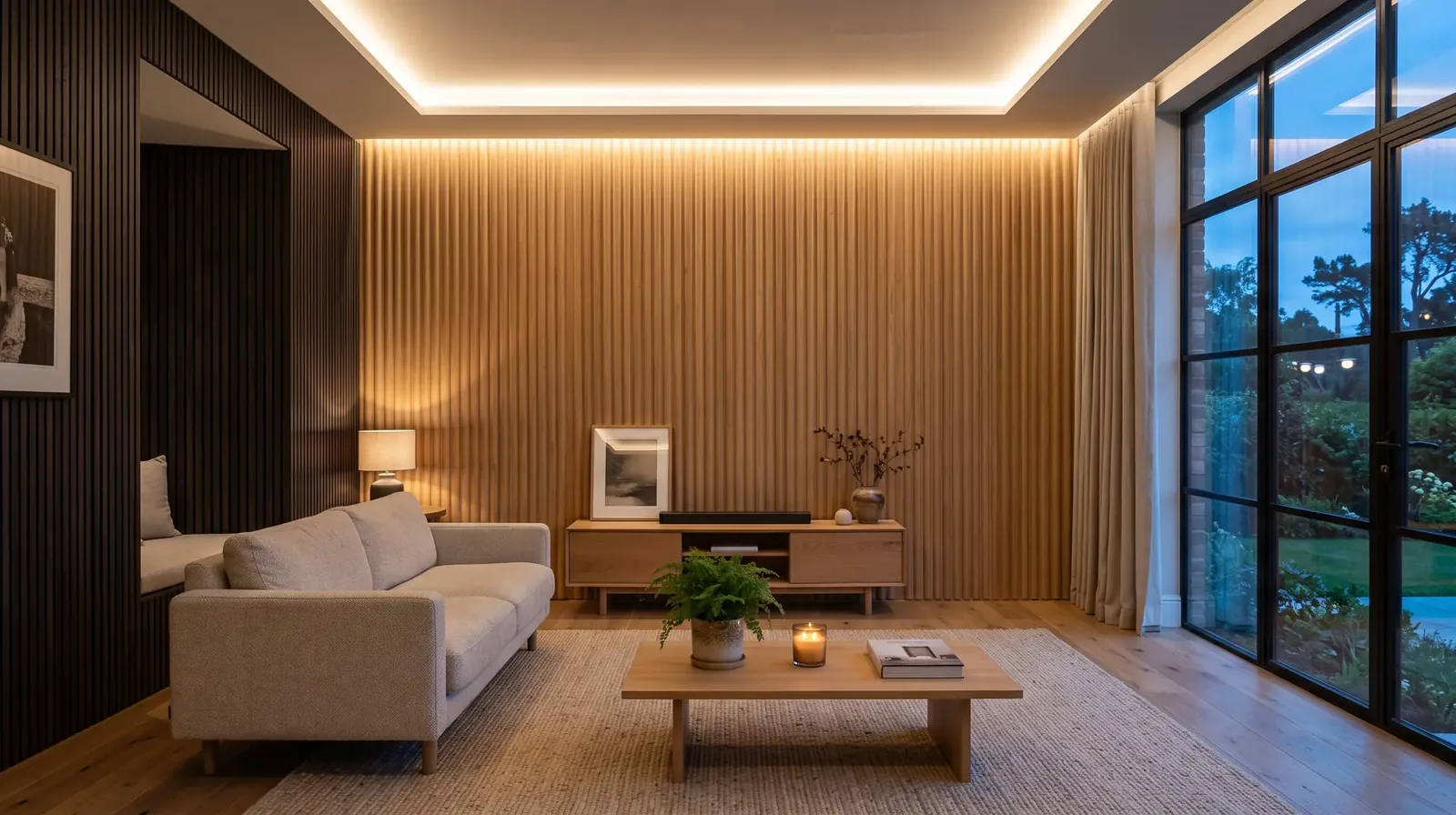 Living room with a light oak fluted panel accent wall and warm concealed lighting, dark wood slat panels to one side