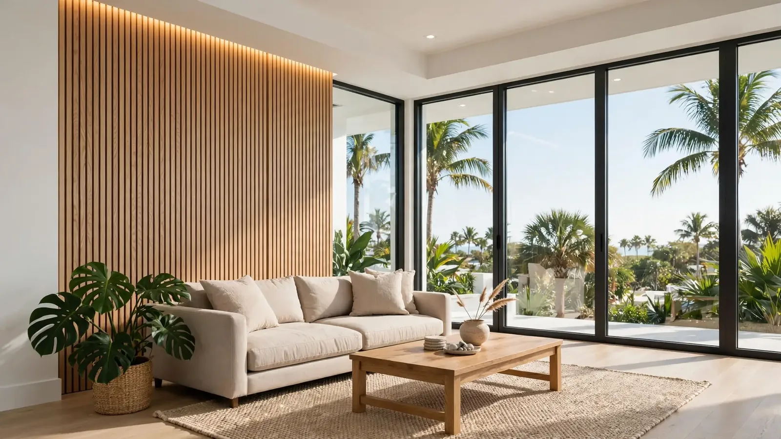 Bright South Florida living room with light oak slat accent wall, warm LED lighting, and palm trees outside