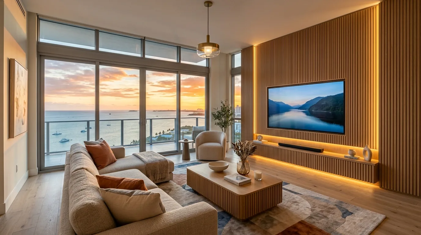 Custom media wall in an ocean-view condominium