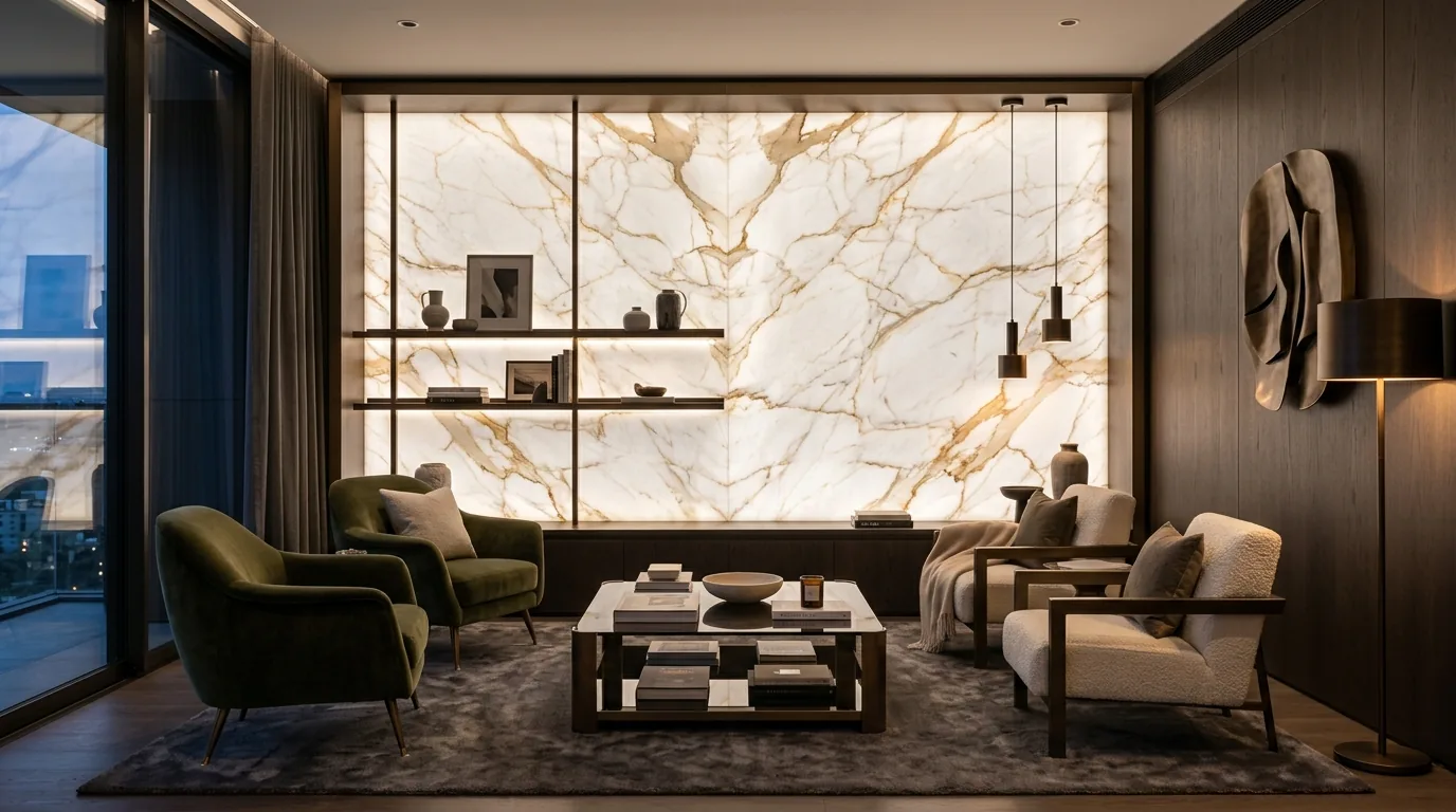 Luxe Gold Vein marble wall with warm evening lighting