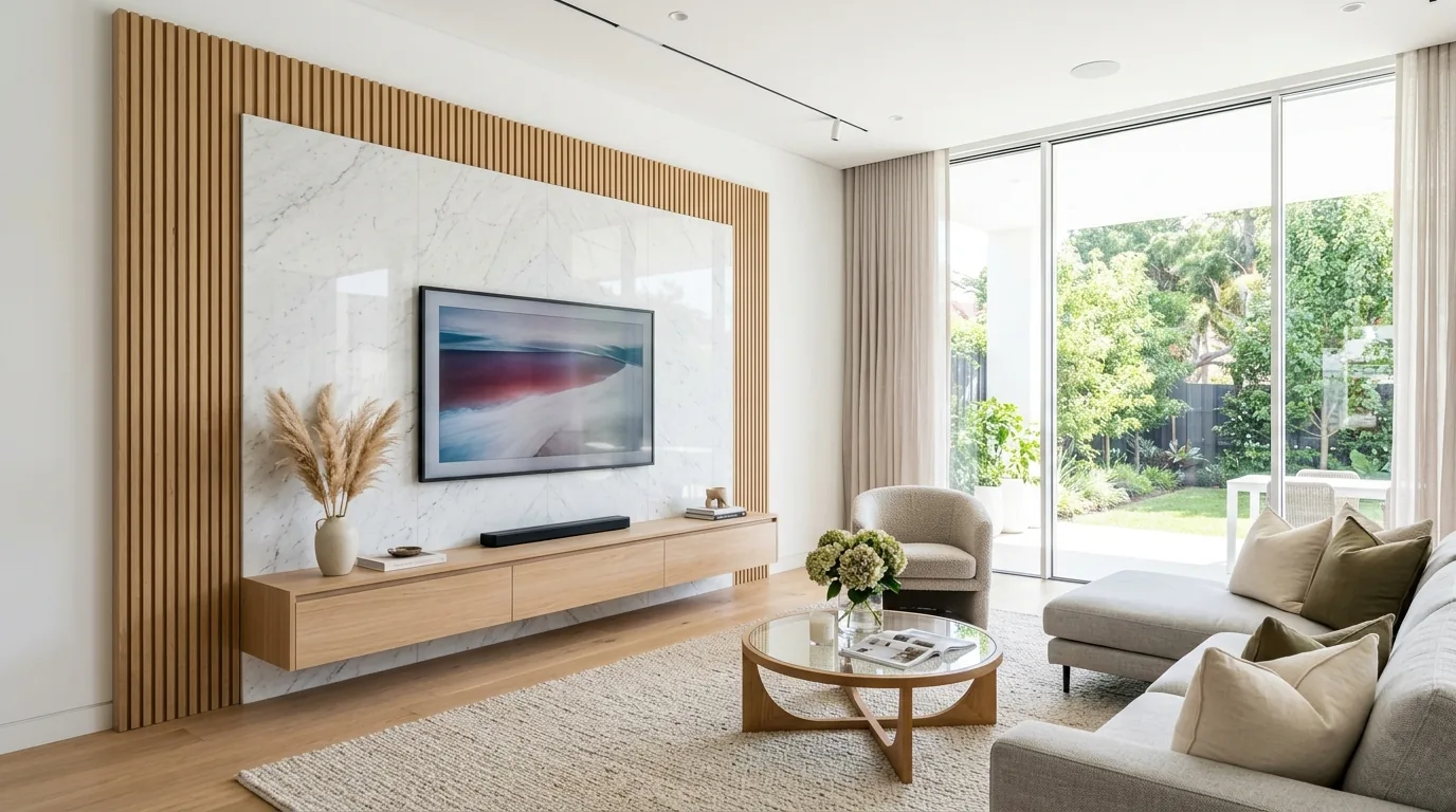 design concept of a bright media wall combining marble and natural oak