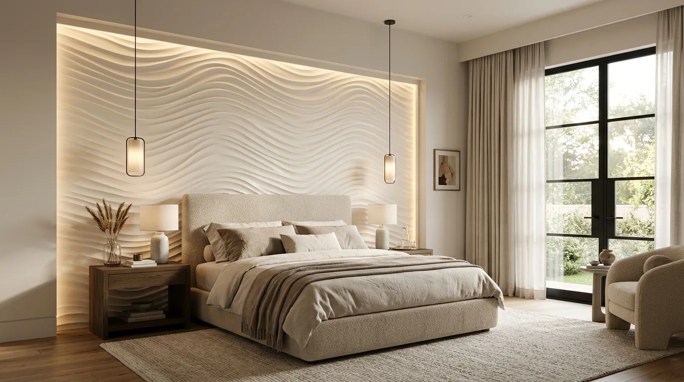 design concept of a bedroom with illuminated sculptural wave panels