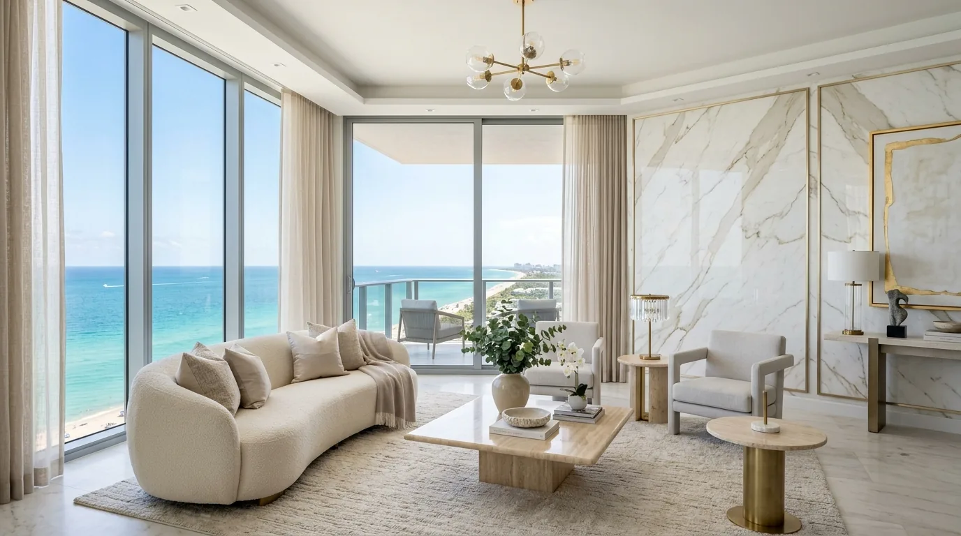 Luxe Gold Vein marble feature wall in a bright ocean-view living room