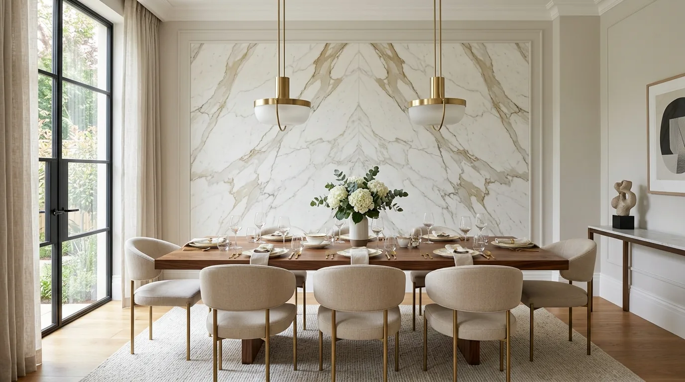 Luxe Gold Vein marble feature wall in a premium dining room