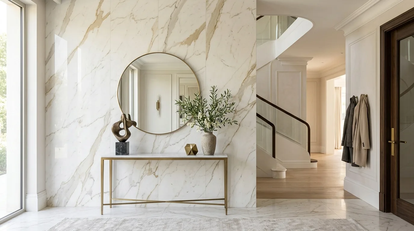 Luxe Gold Vein marble feature wall in an elegant entryway