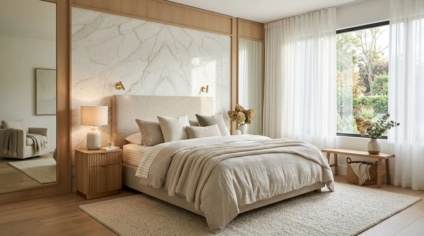 Luxe Gold Vein marble accent wall in a calm bedroom