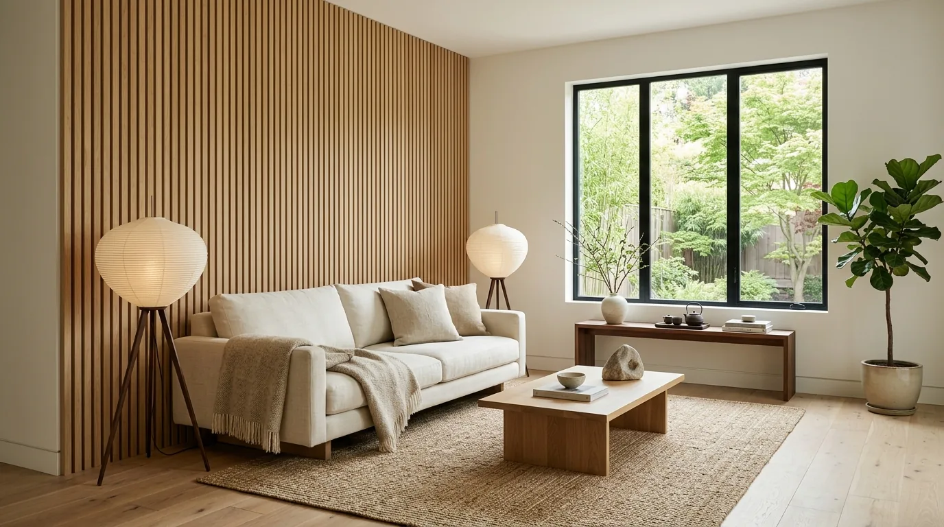 Royal Oak wood slat wall in a light Japandi living room