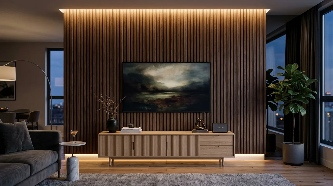 Royal Oak slat TV wall with integrated LED lighting