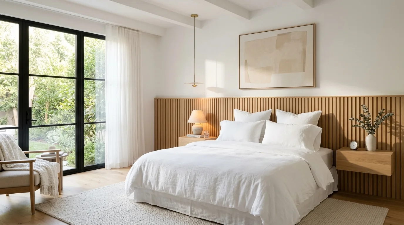 Royal Oak wood slat bedroom accent wall