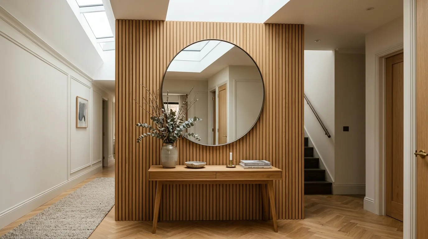 Royal Oak slat wall with a mirror in an entry hall