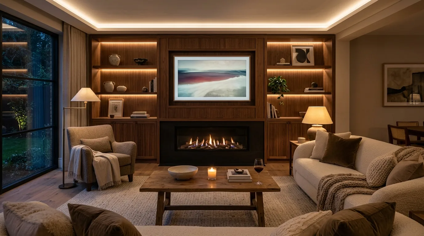 Integrated television and fireplace feature wall