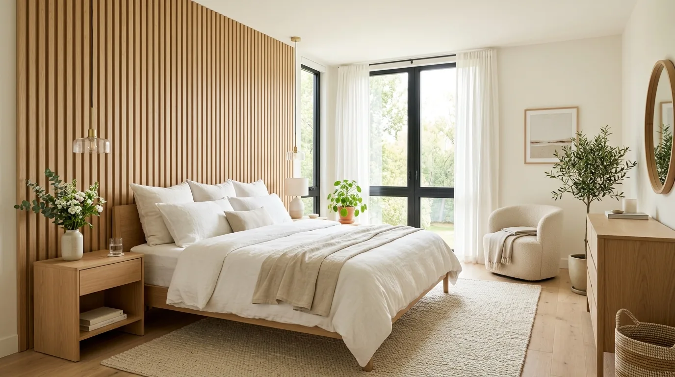 Bedroom wall with light natural wood slats