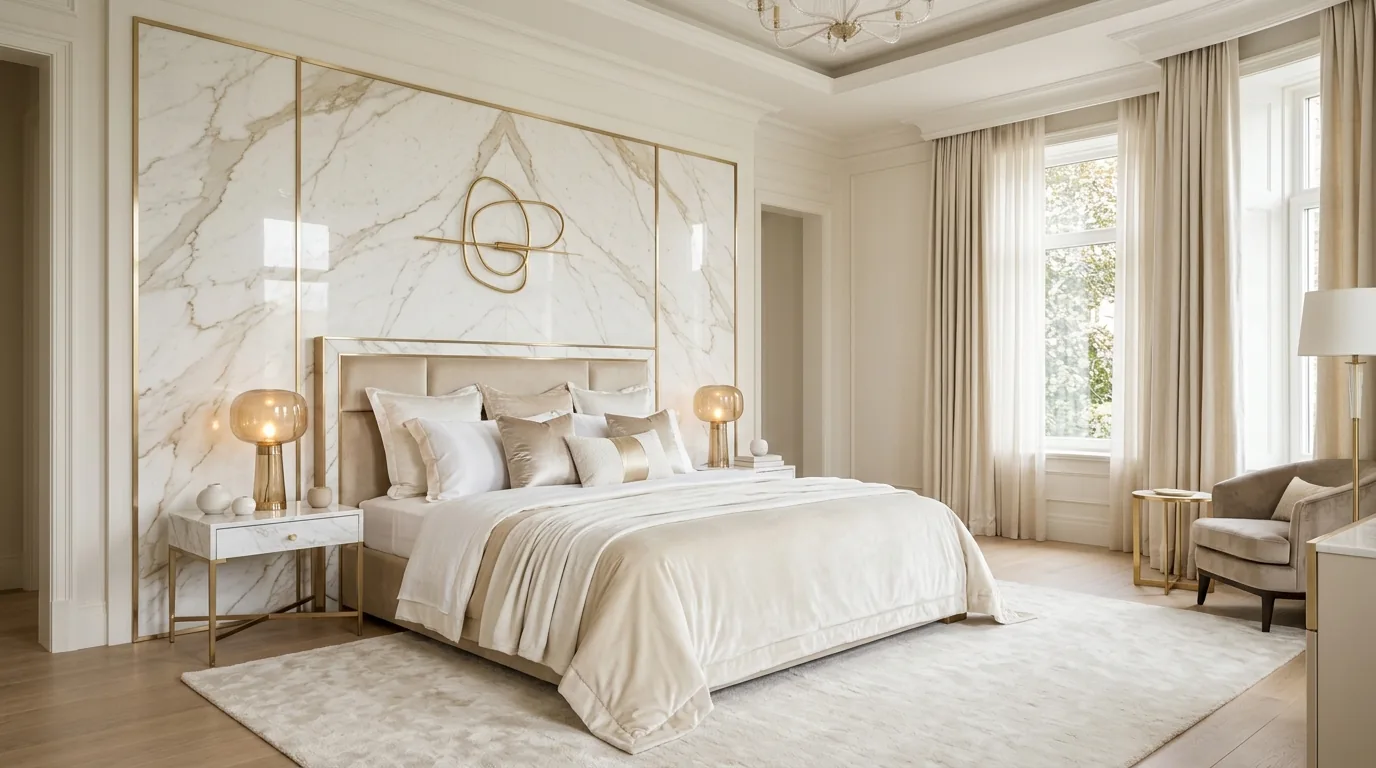 Bedroom accent wall finished in pale marble