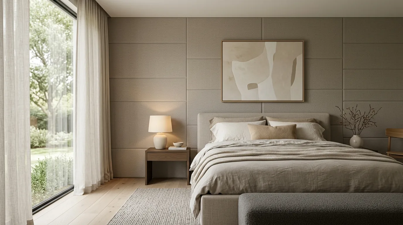 Bedroom wall with acoustic panel treatment
