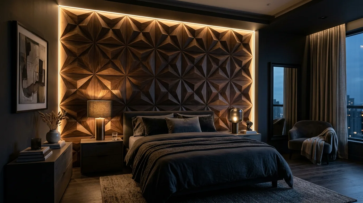 Dark bedroom feature wall with concealed LED lighting