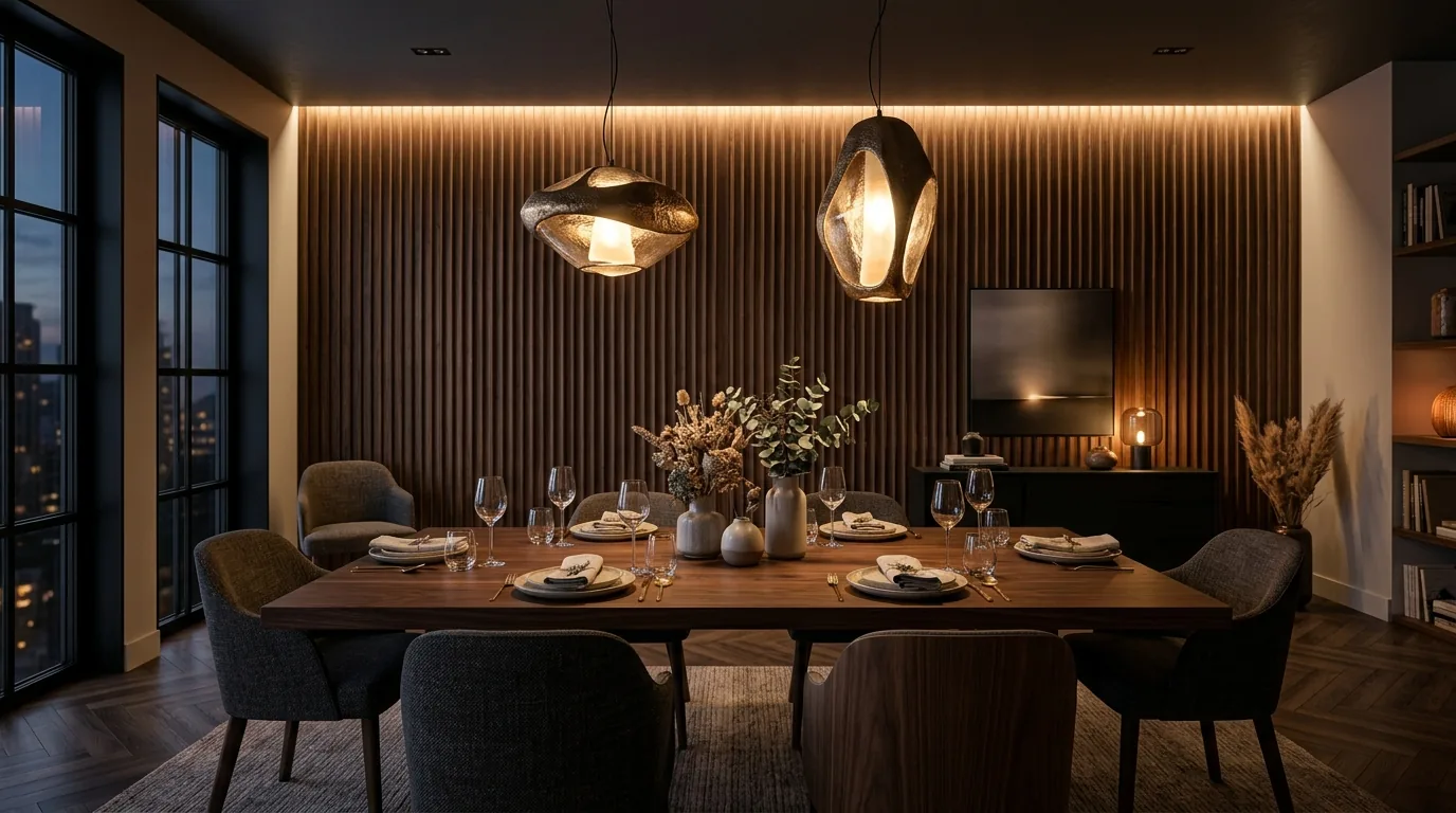 Dining room with a warm slatted feature wall