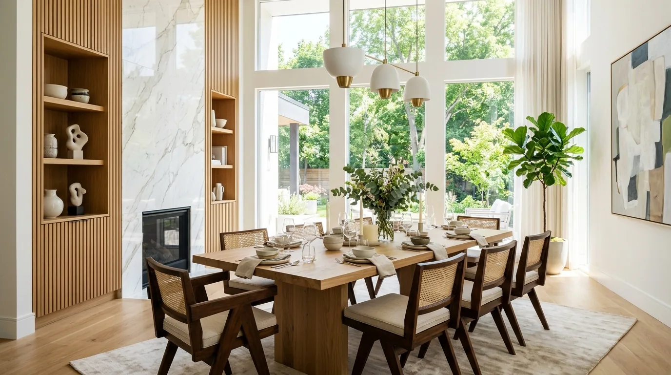 Dining wall combining marble and natural oak