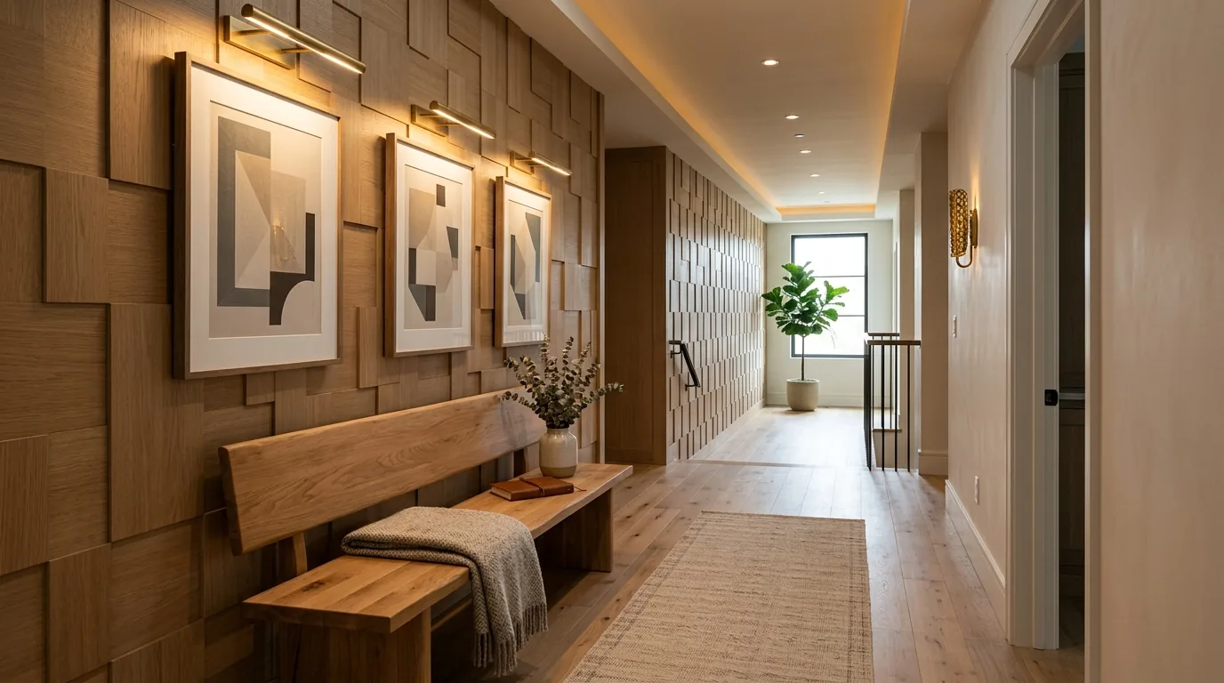 Hallway with sculptural 3D wall panels