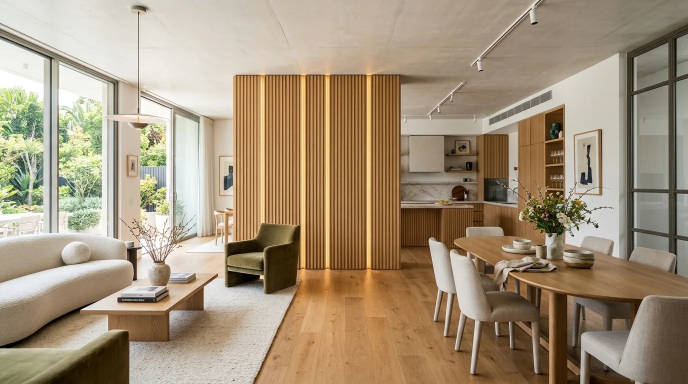 Open interior with a wood slat room divider