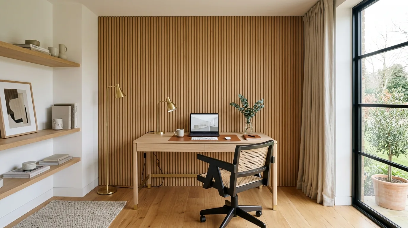 Light home office with a natural slat wall