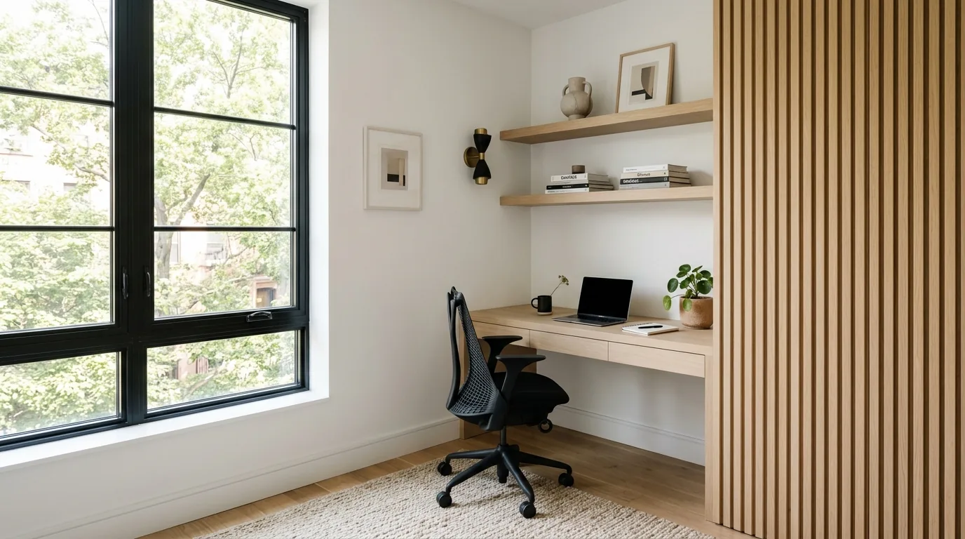 Studio workspace with acoustic wall treatment