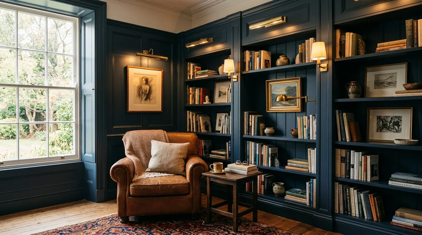Quiet reading corner with warm acoustic wall panels
