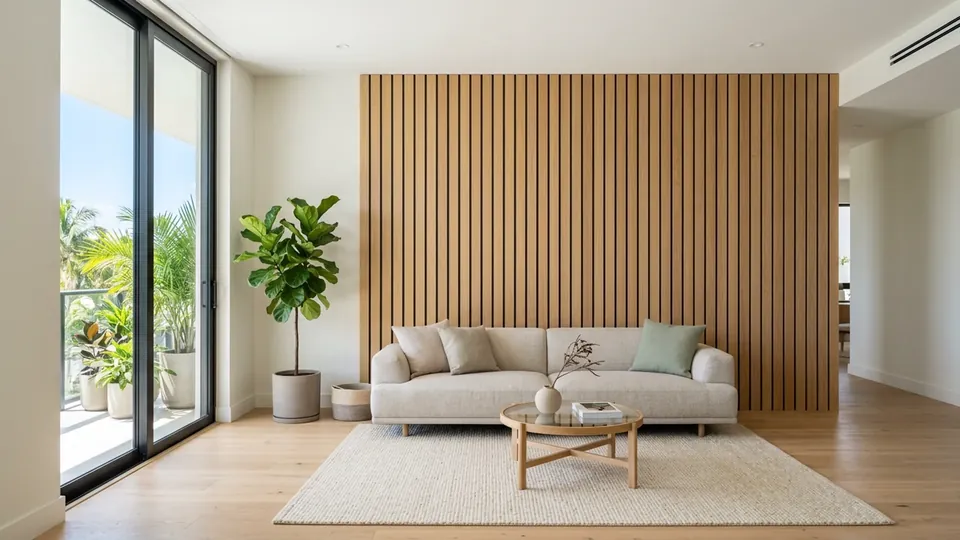 Light-oak wood slat accent wall in a bright living room