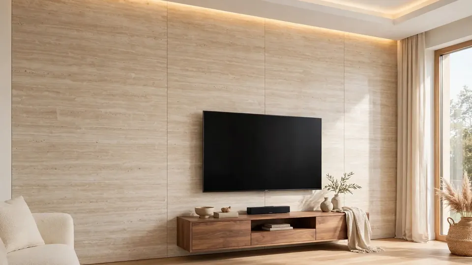 Bright living room with a floor-to-ceiling travertine-look bamboo composite panel wall behind the TV