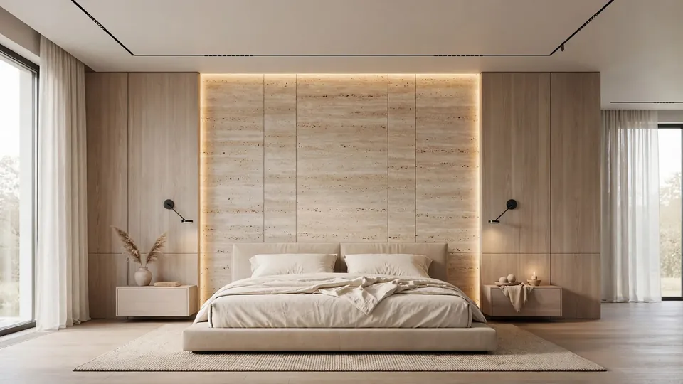 Bright primary bedroom with a floor-to-ceiling travertine-look composite panel wall behind the bed, light wood veneer side panels, floating nightstands and warm concealed backlight