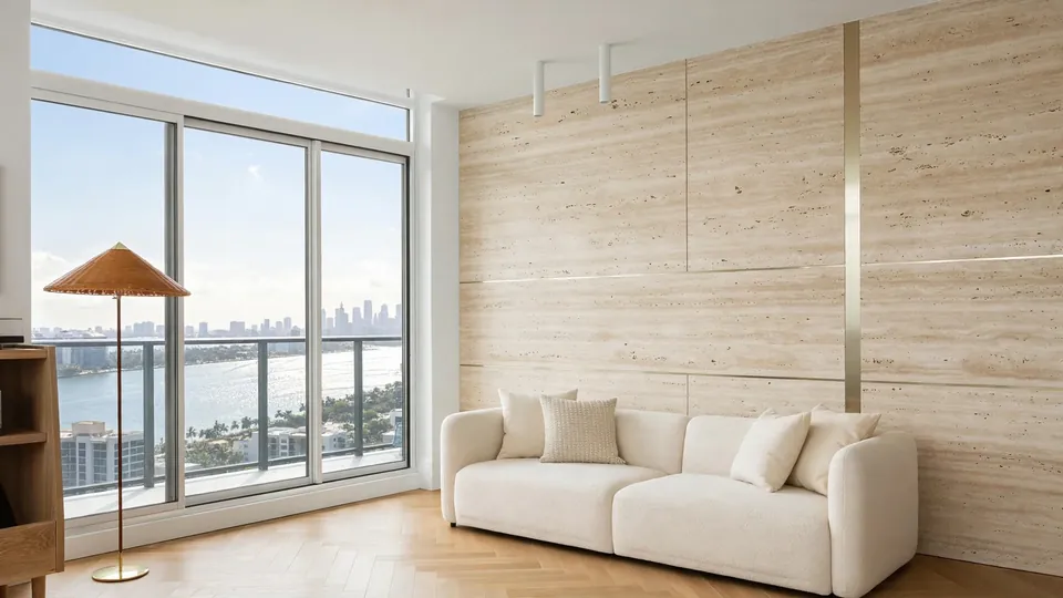 High-rise condo living room with a travertine-look panel wall, a cream sofa and floor-to-ceiling windows over the water