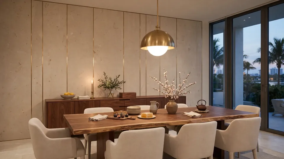 Dining room at dusk with a floor-to-ceiling travertine-look composite panel wall with thin brass inlays, a walnut sideboard, a live-edge walnut table with light upholstered chairs and a brass pendant