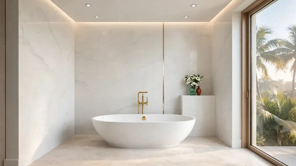 Primary bathroom with a large-format porcelain-look panel wall and soft gray veining behind a freestanding tub
