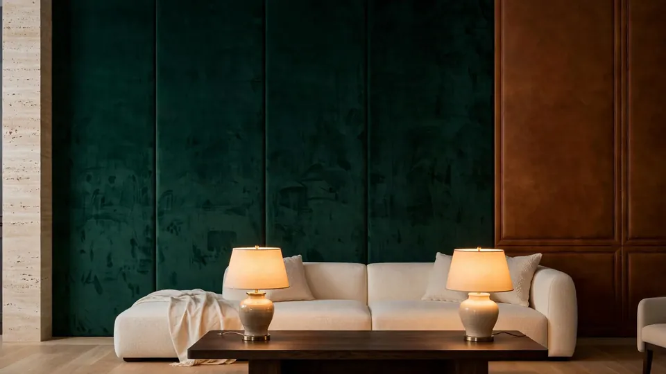 Living room with a deep green velvet panel wall, a cognac leather panel section, a travertine-look side return and a low cream sofa
