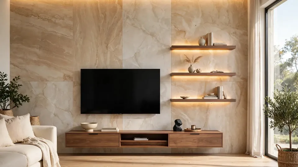 Bright living room with a travertine-look composite panel TV wall and warm LED backlight