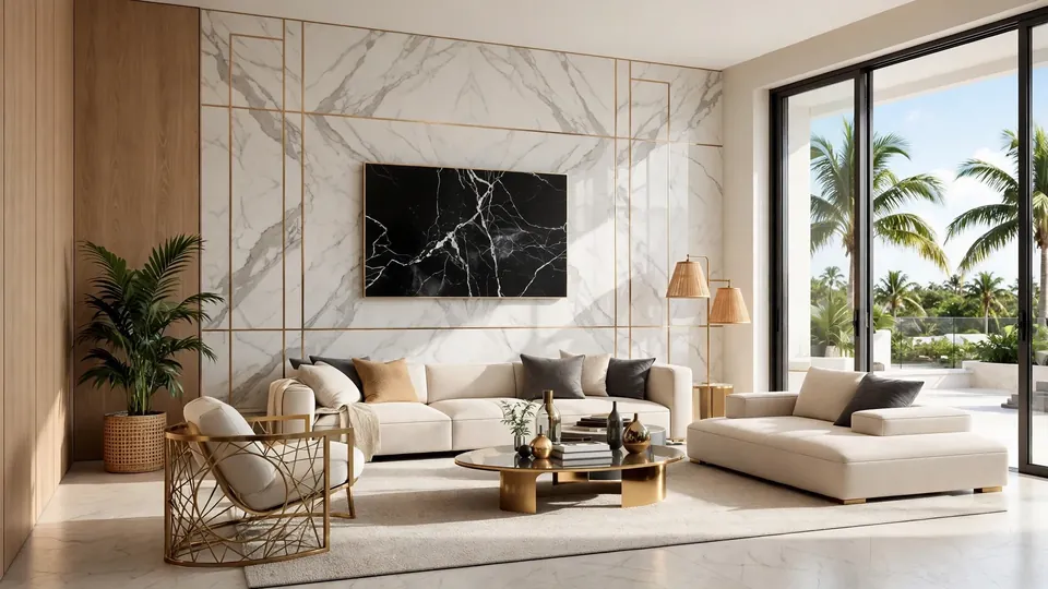 Bright living room with a full-height Calacatta marble-look panel wall, slim metal trim, an oak veneer return and garden sliders