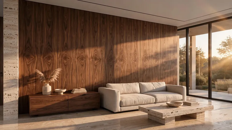 Living room with a floor-to-ceiling book-matched walnut veneer panel wall, a travertine-look side return, a low sofa and warm side light