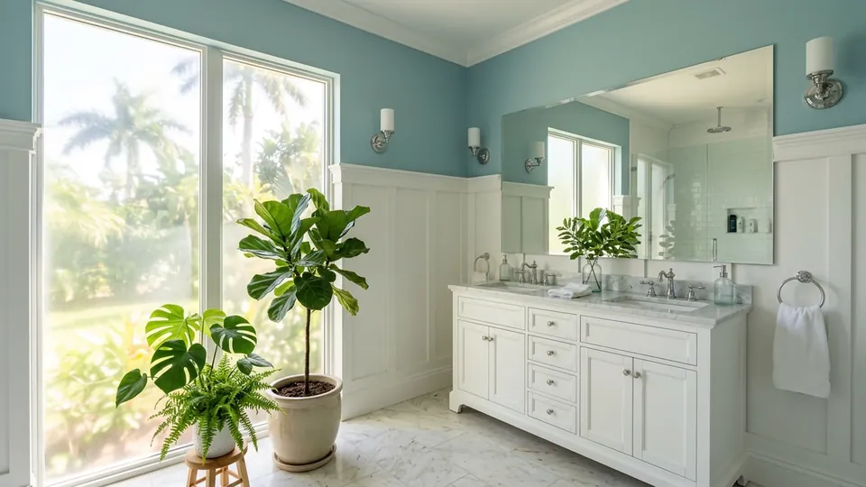 Bright South Florida bathroom with white board-and-batten wainscoting, double vanity, and palm trees outside tall windows