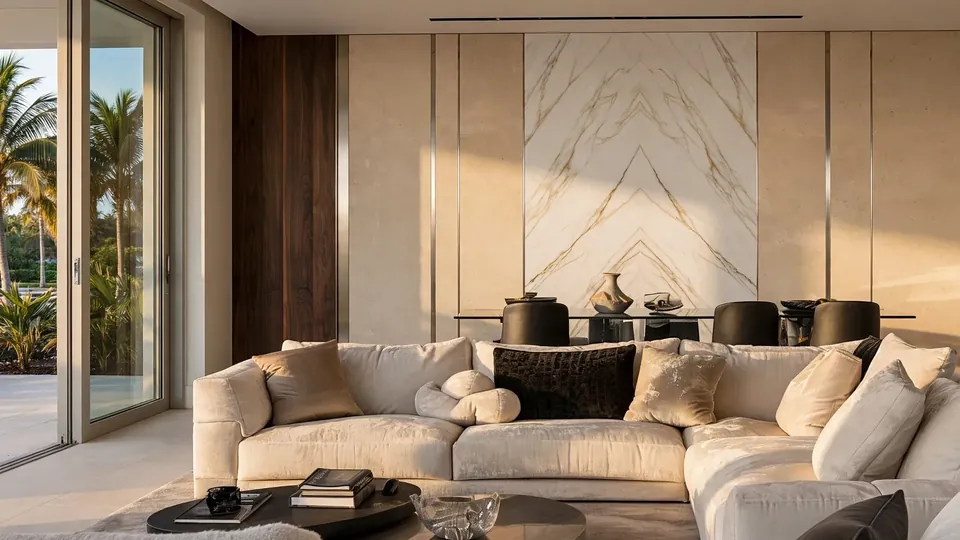 Living room with warm travertine-look panels, a book-matched Calacatta marble-look section with a champagne inlay and a walnut veneer return