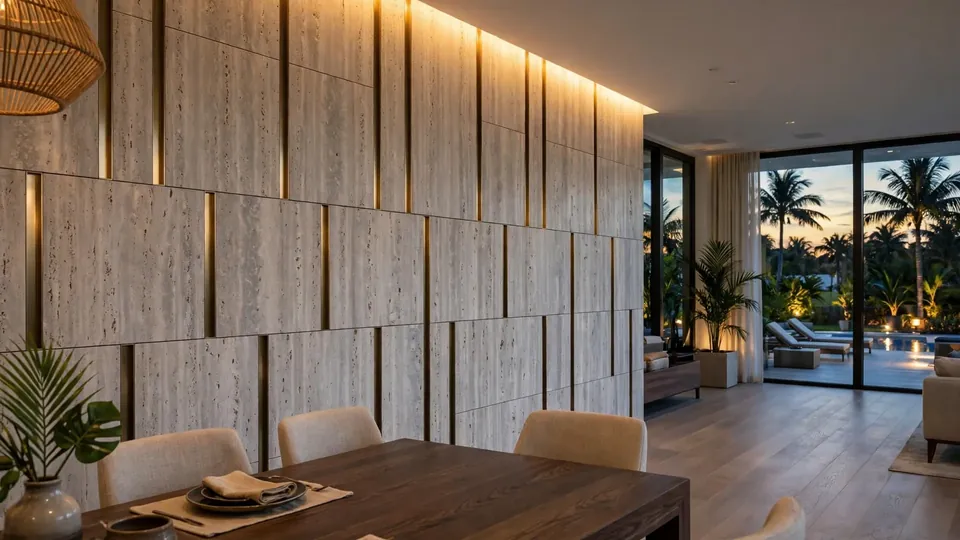 Dining area with a finished travertine-look panel wall, brass inlay strips, warm cove lighting and sliding doors to the pool at dusk