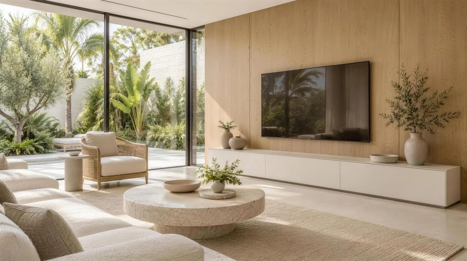 Bright living room with a light oak veneer panel TV wall, a white floating console and a garden view through floor-to-ceiling glass